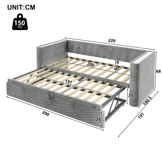 Sofá-cama 90x200 cm - Design multifuncional com fitas LED, base, veludo - Cinza