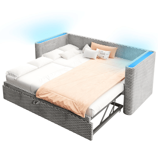 Sofá-cama 90x200 cm - Design multifuncional com fitas LED, base, veludo - Cinza