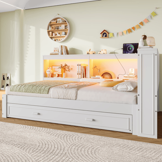 Cama de dia 90x200 cm - Sofá-cama, com cama extraível, com luzes LED, 1 USB, 1 Tipo-C, Branco