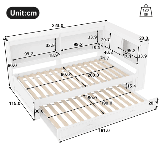 Cama de dia 90x200 cm - Sofá-cama, com cama extraível, com luzes LED, 1 USB, 1 Tipo-C, Branco