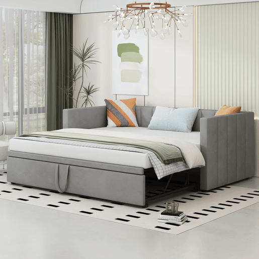 Sofá-cama 90180x200 cm - Com base de ripas, multifuncional, tecido de veludo cinzento