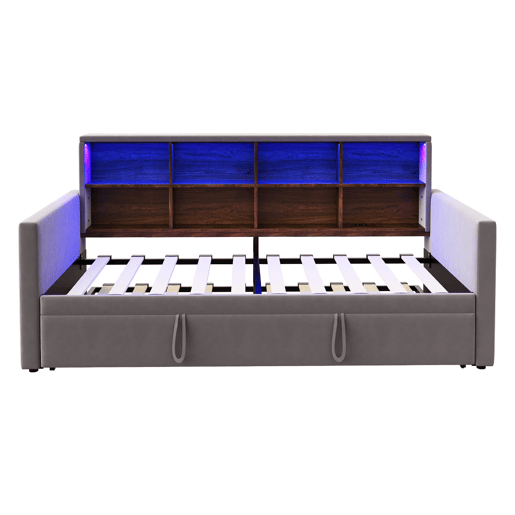 Sofá-cama 90x190 cm - Cabeceira com arrumação, luzes LED e tomadas, com cama extensível, estofado em veludo, cinza escuro Sofá-cama 90x190 cm - Cabeceira com arrumação, luzes LED e tomadas, com cama extensível, estofado em veludo, cinza escuro