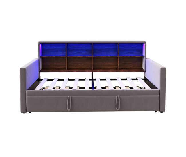 Sofá cama 90x190 cm - cabecero con almacenamiento, luces led y enchufes, con cama extensible, tapizado de terciopelo, gris oscuro