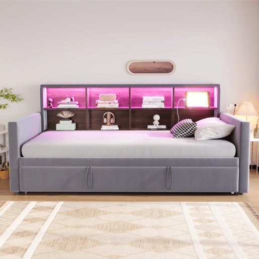 Sofá-cama 90x190 cm - Cabeceira com arrumação, luzes LED e tomadas, com cama extensível, estofado em veludo, cinza escuro Sofá-cama 90x190 cm - Cabeceira com arrumação, luzes LED e tomadas, com cama extensível, estofado em veludo, cinza escuro