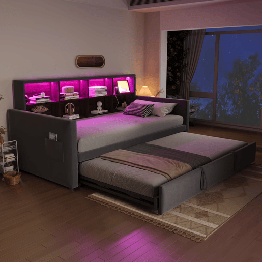 Sofá-cama 90x190 cm - Cabeceira com arrumação, luzes LED e tomadas, com cama extensível, estofado em veludo, cinza escuro Sofá-cama 90x190 cm - Cabeceira com arrumação, luzes LED e tomadas, com cama extensível, estofado em veludo, cinza escuro