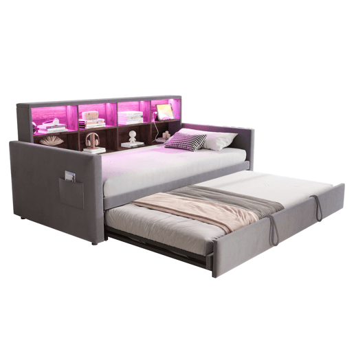 Sofá-cama 90x190 cm - Cabeceira com arrumação, luzes LED e tomadas, com cama extensível, estofado em veludo, cinza escuro Sofá-cama 90x190 cm - Cabeceira com arrumação, luzes LED e tomadas, com cama extensível, estofado em veludo, cinza escuro