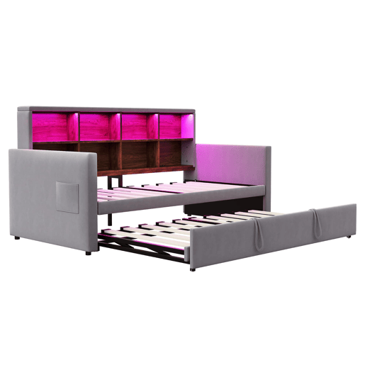 Sofá-cama 90x190 cm - Cabeceira com arrumação, luzes LED e tomadas, com cama extensível, estofado em veludo, cinza escuro Sofá-cama 90x190 cm - Cabeceira com arrumação, luzes LED e tomadas, com cama extensível, estofado em veludo, cinza escuro