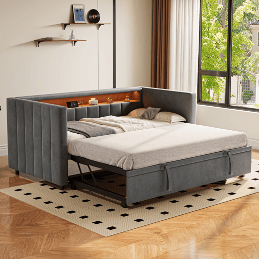 Sofá-cama multifuncional 90x190 cm - Cama extraível, USB Type-C, LED ambiente, armazenamento - Cinza