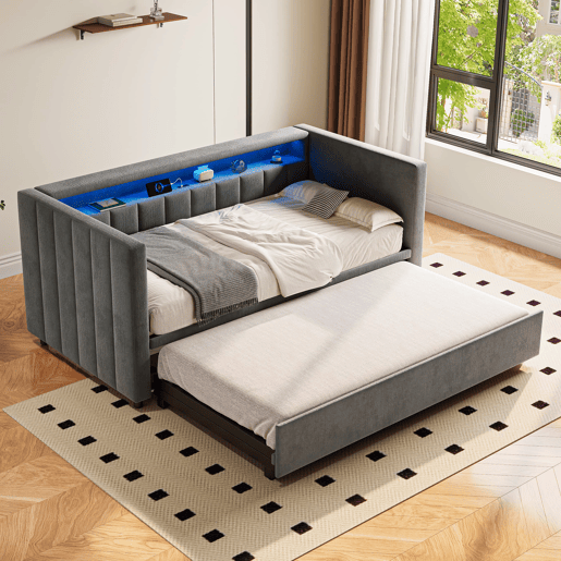 Sofá-cama multifuncional 90x190 cm - Cama extraível, USB Type-C, LED ambiente, armazenamento - Cinza