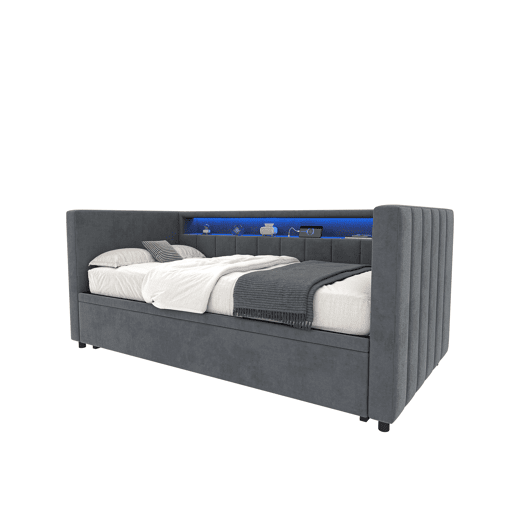 Sofá-cama multifuncional 90x190 cm - Cama extraível, USB Type-C, LED ambiente, armazenamento - Cinza