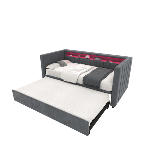 Sofá-cama multifuncional 90x190 cm - Cama extraível, USB Type-C, LED ambiente, armazenamento - Cinza