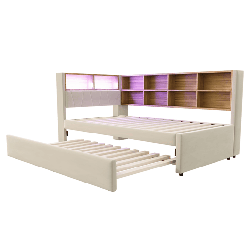 Sofá-cama 90x200 - Cama extraível 90x190, com luzes LED, tomadas e compartimentos, bege