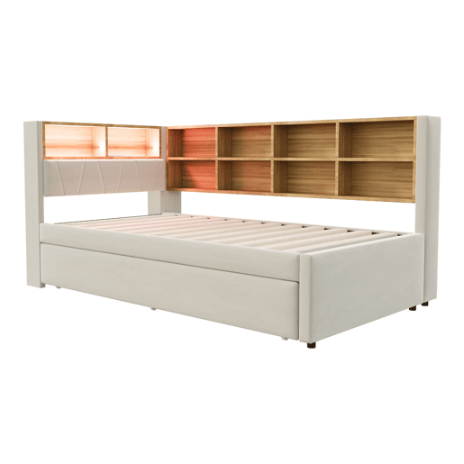 Sofá-cama 90x200 - Cama extraível 90x190, com luzes LED, tomadas e compartimentos, bege