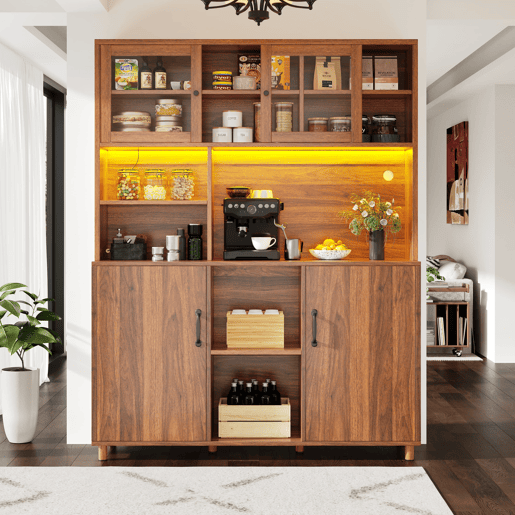 Aparador 120x40x185 cm - Com iluminação LED, porta com prateleira para snacks, estilo retro - Cor nogueira