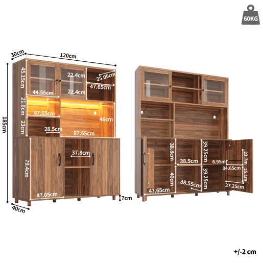 Aparador 120x40x185 cm - Com iluminação LED, porta com prateleira para snacks, estilo retro - Cor nogueira