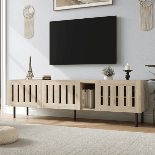 Móvel de TV 160x40x47 cm - Design minimalista com aberturas, adequado para 65 - Natural