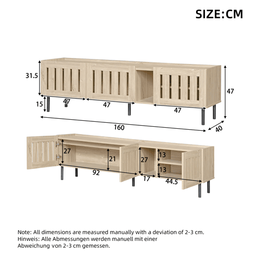Móvel de TV 160x40x47 cm - Design minimalista com aberturas, adequado para 65 - Natural
