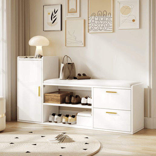 Sapateira 128x30x68 cm - 2 gavetas, 1 porta, assento almofadado e arrumação - Branco