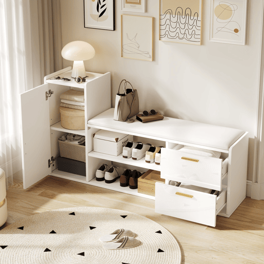 Sapateira 128x30x68 cm - 2 gavetas, 1 porta, assento almofadado e arrumação - Branco