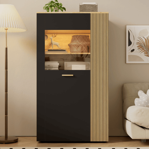 Armário de armazenamento moderno PB com LED de 16 cores - 3 prateleiras fixas, 2 ajustáveis, portas de vidro - Preto, Natural