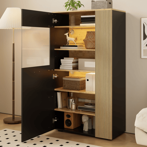 Armário de armazenamento moderno PB com LED de 16 cores - 3 prateleiras fixas, 2 ajustáveis, portas de vidro - Preto, Natural