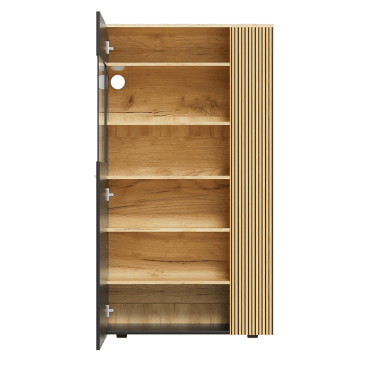 Armário de armazenamento moderno PB com LED de 16 cores - 3 prateleiras fixas, 2 ajustáveis, portas de vidro - Preto, Natural