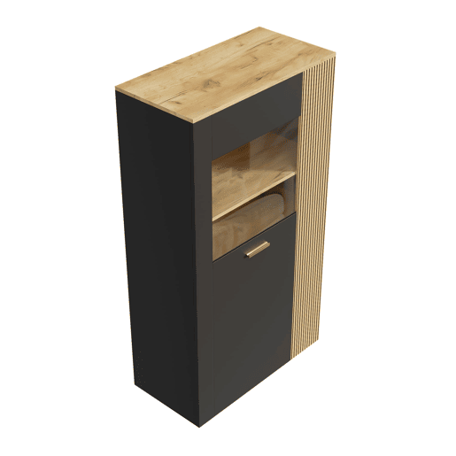 Armário de armazenamento moderno PB com LED de 16 cores - 3 prateleiras fixas, 2 ajustáveis, portas de vidro - Preto, Natural