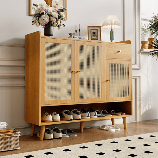 Sapateira de vime natural 120x106x35 cm - 3 portas, 1 gaveta, 5 prateleiras, madeira maciça