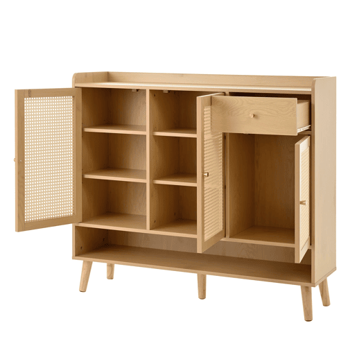 Sapateira de vime natural 120x106x35 cm - 3 portas, 1 gaveta, 5 prateleiras, madeira maciça