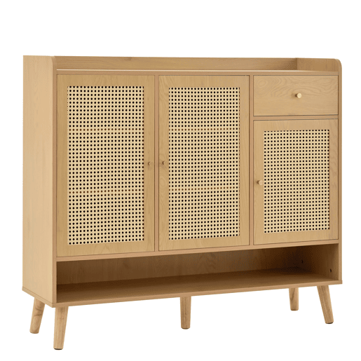 Sapateira de vime natural 120x106x35 cm - 3 portas, 1 gaveta, 5 prateleiras, madeira maciça