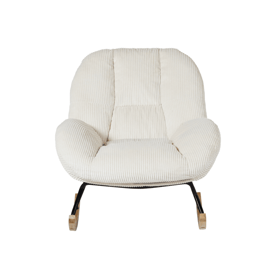 Poltrona Relax Mecedora Estofada Em Veludo Cotelê Bege Estilo Nórdico Assento Almofadado Espesso Encosto Ergonómico Balanço Suave Estrutura Madeira Metal Ideal Para Sala Leitura Descanso Casa