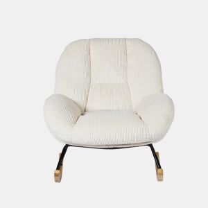 Poltrona Relax Mecedora Estofada Em Veludo Cotelê Bege Estilo Nórdico Assento Almofadado Espesso Encosto Ergonómico Balanço Suave Estrutura Madeira Metal Ideal Para Sala Leitura Descanso Casa