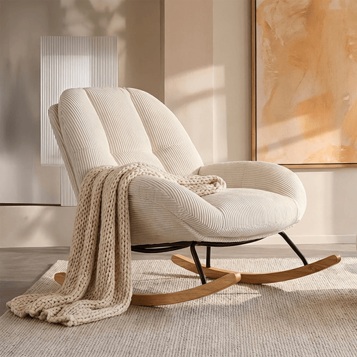 Poltrona Relax Mecedora Estofada Em Veludo Cotelê Bege Estilo Nórdico Assento Almofadado Espesso Encosto Ergonómico Balanço Suave Estrutura Madeira Metal Ideal Para Sala Leitura Descanso Casa