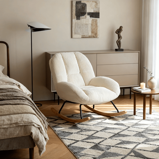 Poltrona Relax Mecedora Estofada Em Veludo Cotelê Bege Estilo Nórdico Assento Almofadado Espesso Encosto Ergonómico Balanço Suave Estrutura Madeira Metal Ideal Para Sala Leitura Descanso Casa