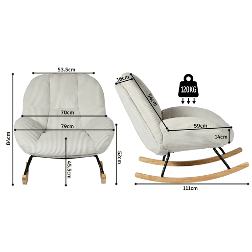 Poltrona Relax Mecedora Estofada Em Veludo Cotelê Bege Estilo Nórdico Assento Almofadado Espesso Encosto Ergonómico Balanço Suave Estrutura Madeira Metal Ideal Para Sala Leitura Descanso Casa