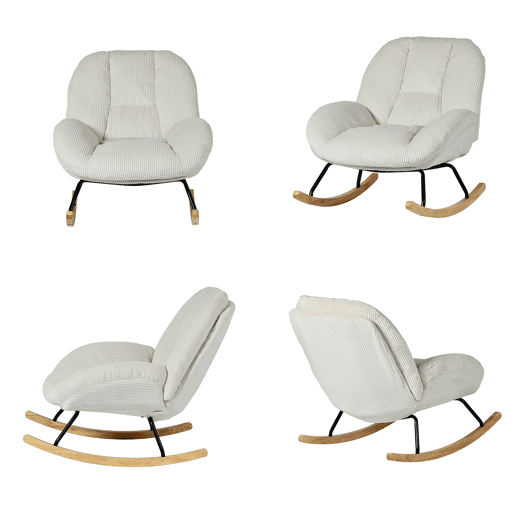 Poltrona Relax Mecedora Estofada Em Veludo Cotelê Bege Estilo Nórdico Assento Almofadado Espesso Encosto Ergonómico Balanço Suave Estrutura Madeira Metal Ideal Para Sala Leitura Descanso Casa