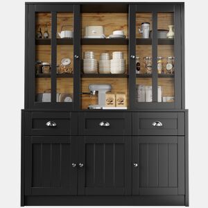 Armário alto 140x38,5x175 cm - vitrine com gavetas, design moderno e minimalista para cozinha, sala de estar ou sala de jantar - preto