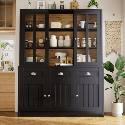 Armário alto 140x38,5x175 cm - vitrine com gavetas, design moderno e minimalista para cozinha, sala de estar ou sala de jantar - preto