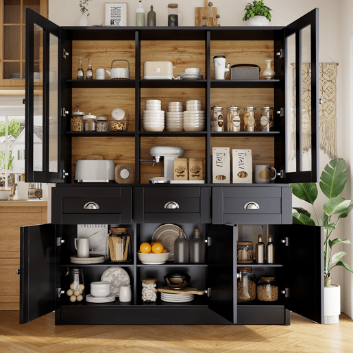 Armário alto 140x38,5x175 cm - vitrine com gavetas, design moderno e minimalista para cozinha, sala de estar ou sala de jantar - preto