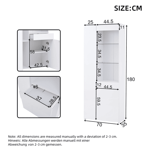Vitrine 70x35x180 cm - Altura brilhante, vidro com LED, gavetas, armazenamento - Branco
