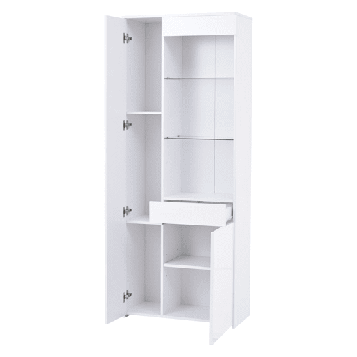 Vitrine 70x35x180 cm - Altura brilhante, vidro com LED, gavetas, armazenamento - Branco