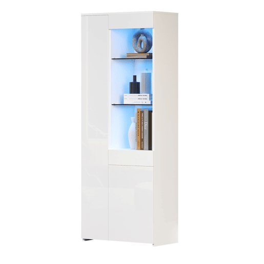 Vitrine 70x35x180 cm - Altura brilhante, vidro com LED, gavetas, armazenamento - Branco