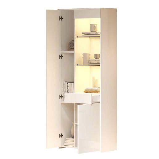 Vitrine 70x35x180 cm - Altura brilhante, vidro com LED, gavetas, armazenamento - Branco