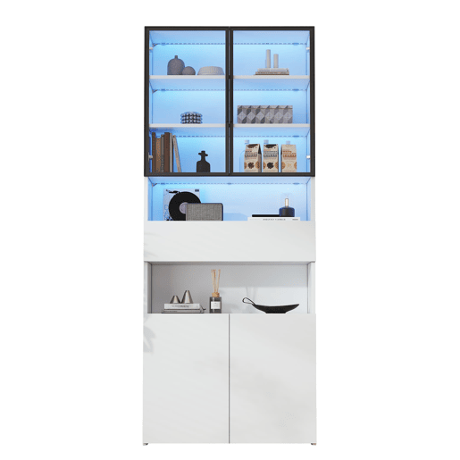 Vitrine 70x30x200 cm - Vitrine com LED, gavetas e prateleiras abertas - Branco