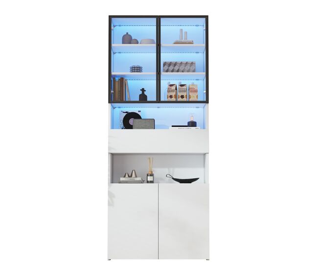 Vitrina 70x30x200 cm - vitrina con led, cajones y estantes abiertos - blanco