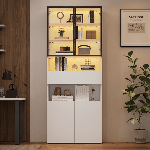 Vitrine 70x30x200 cm - Vitrine com LED, gavetas e prateleiras abertas - Branco