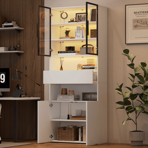 Vitrine 70x30x200 cm - Vitrine com LED, gavetas e prateleiras abertas - Branco