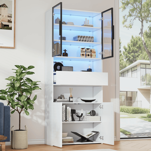 Vitrine 70x30x200 cm - Vitrine com LED, gavetas e prateleiras abertas - Branco