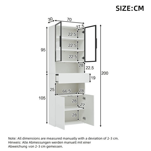 Vitrine 70x30x200 cm - Vitrine com LED, gavetas e prateleiras abertas - Branco
