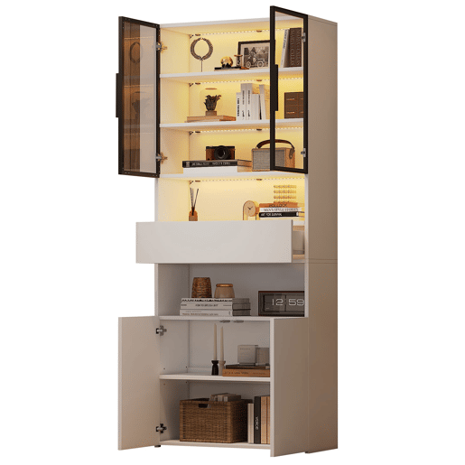Vitrine 70x30x200 cm - Vitrine com LED, gavetas e prateleiras abertas - Branco